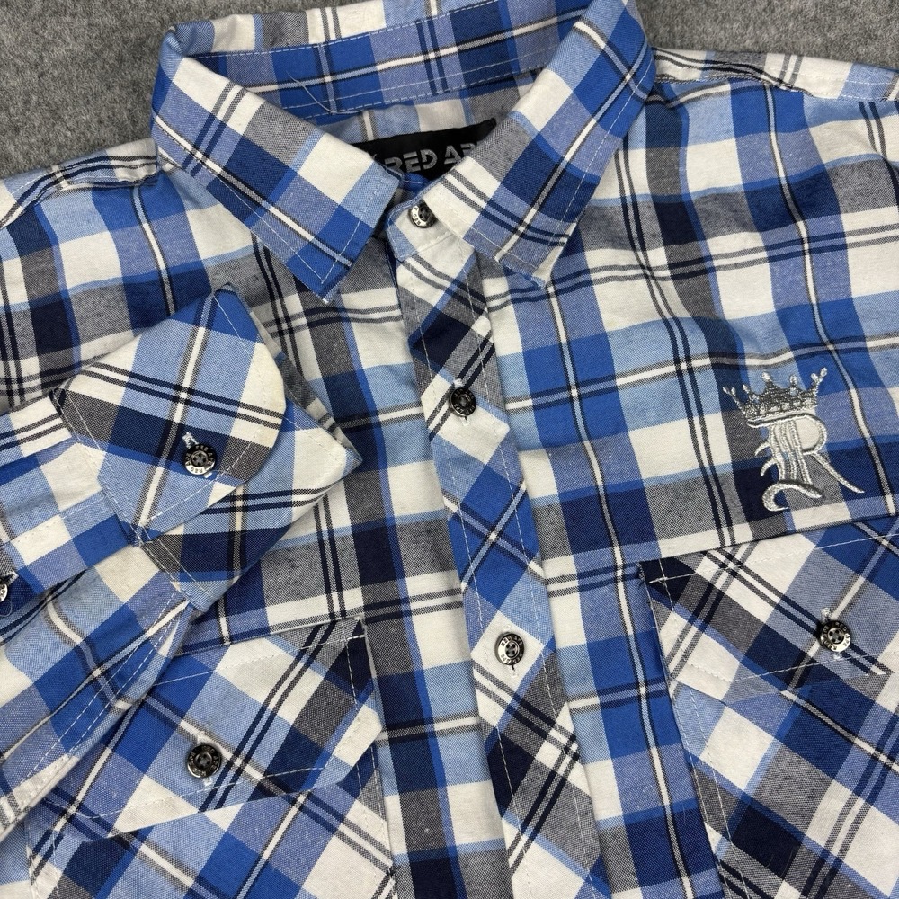 Red Ape Shirt Mens Large Blue Plaid Y2K Streetwear Button Down Logo Urban Skater